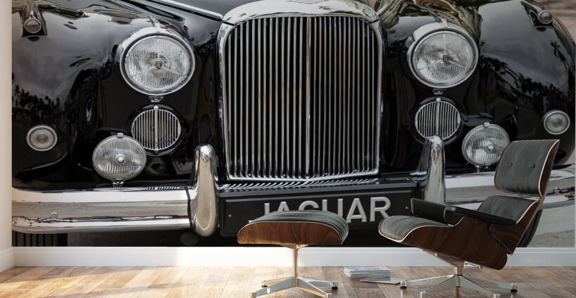 Front End of a Classic Old Black Jaguar Wall Murals