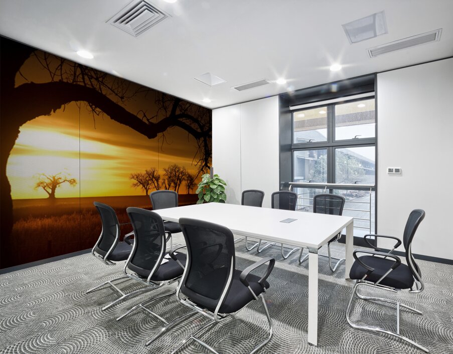 Golden Sunrise with Silhouetted Trees in Meadow Wall Printing