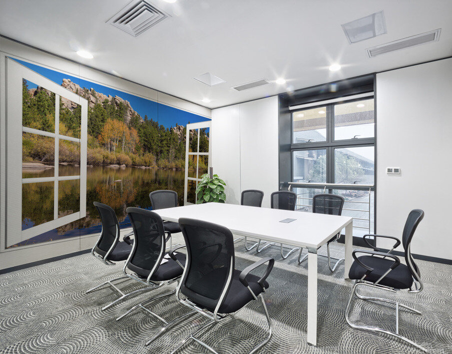 Peaceful Colorful Lakeside White Open Window View Wall Printing