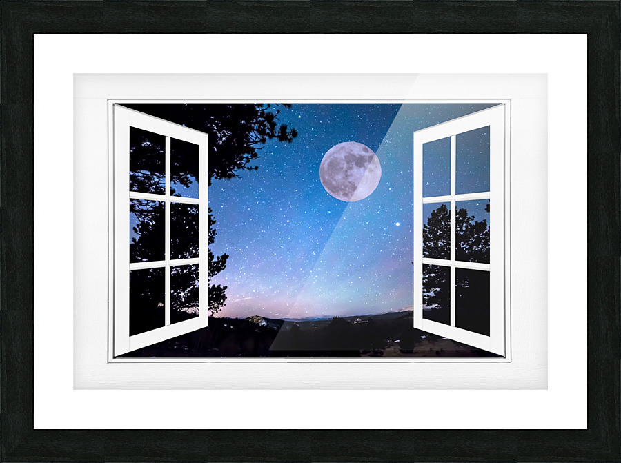 Starry Full Moon White Open Window View Frame print
