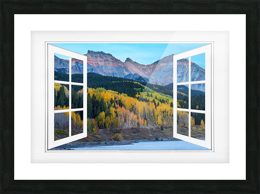 Trout Lake Autumn Rocky Mountain Open White Window Frame print