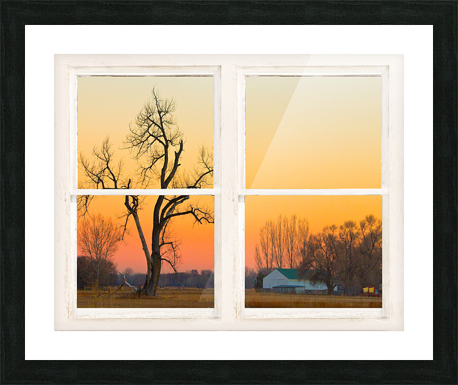 Winter Season Country Sunet White Window View  Framed Print Print