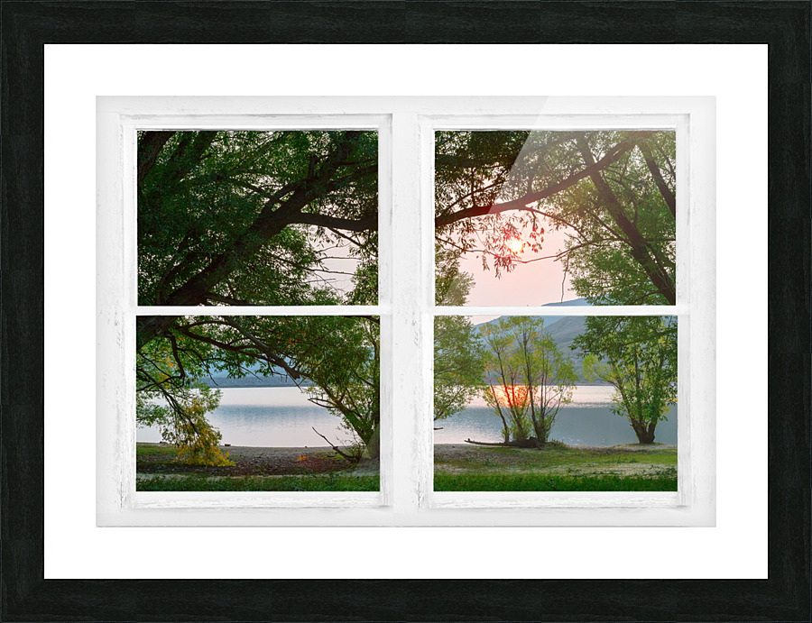 Sun Glowing Lush Trees Lakeside Whitewash Window Frame print