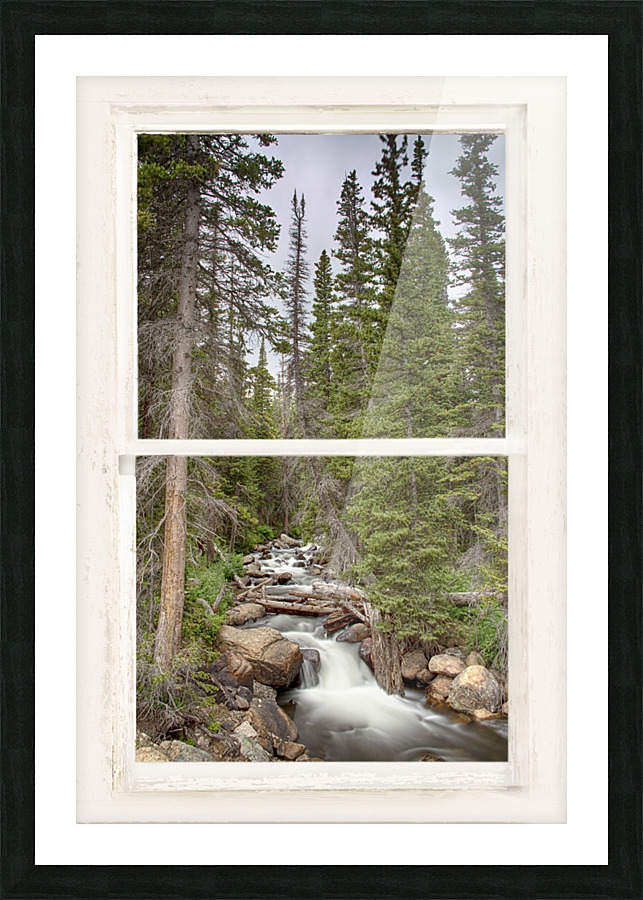 Rocky Mountain Stream White Rustic Window Frame print