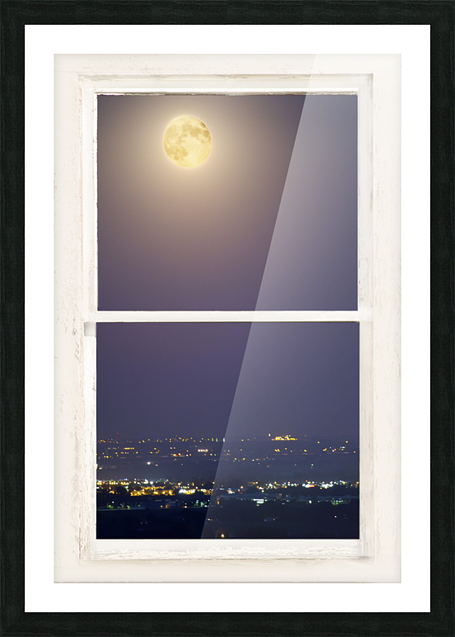 Super Moon City Lights White Rustic Window Picture Frame print