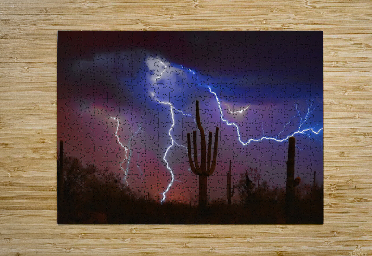 Saguaro Lightning Storm  HD Metal print with Floating Frame on Back