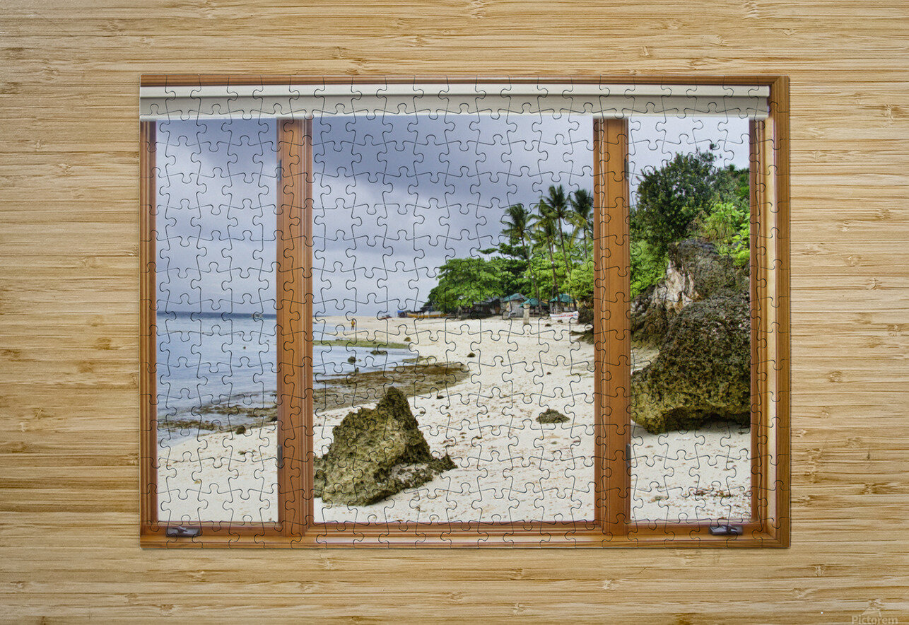 Beach Tropical Wood Window View  Impression métal HD avec cadre flottant sur le dos