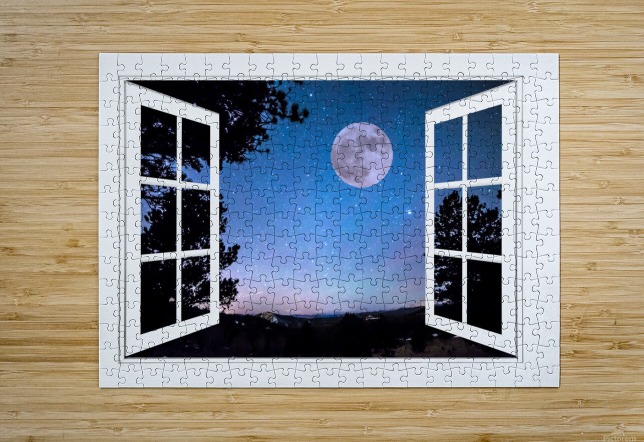 Starry Full Moon White Open Window View  Impression métal HD avec cadre flottant sur le dos