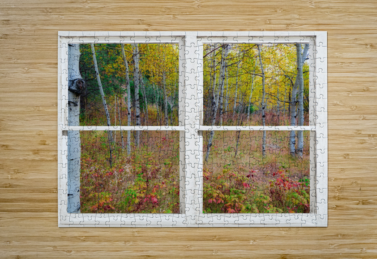 Autumn Forest Delight Rustic Window View  HD Metal print with Floating Frame on Back