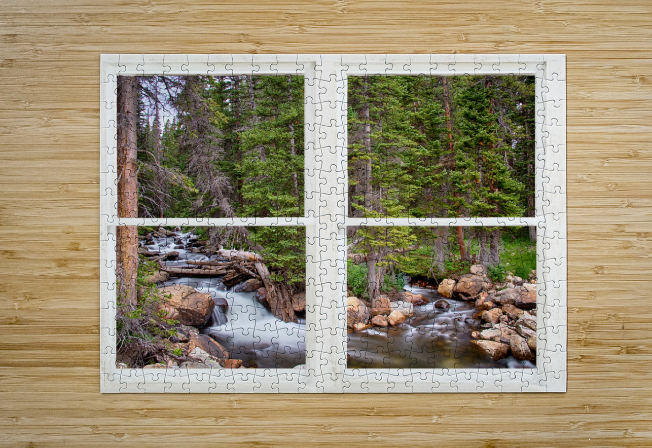 Rocky Mountains Forest Stream Rustic Window  HD Metal print with Floating Frame on Back