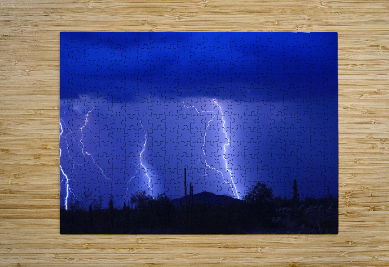 Lightning Storm in the Desert  Impression métal HD avec cadre flottant sur le dos