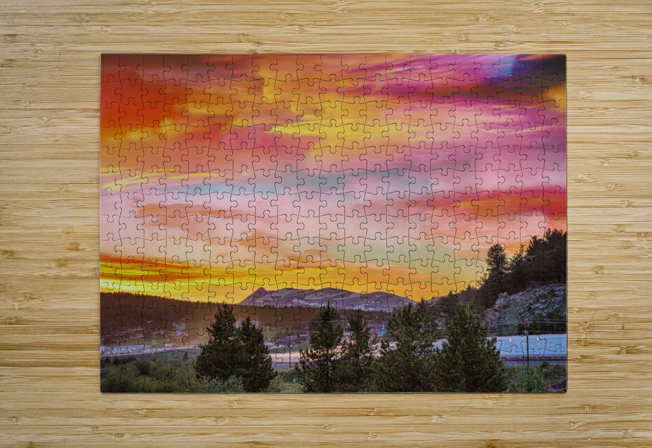 Small Mountain Town Sunset  HD Metal print with Floating Frame on Back