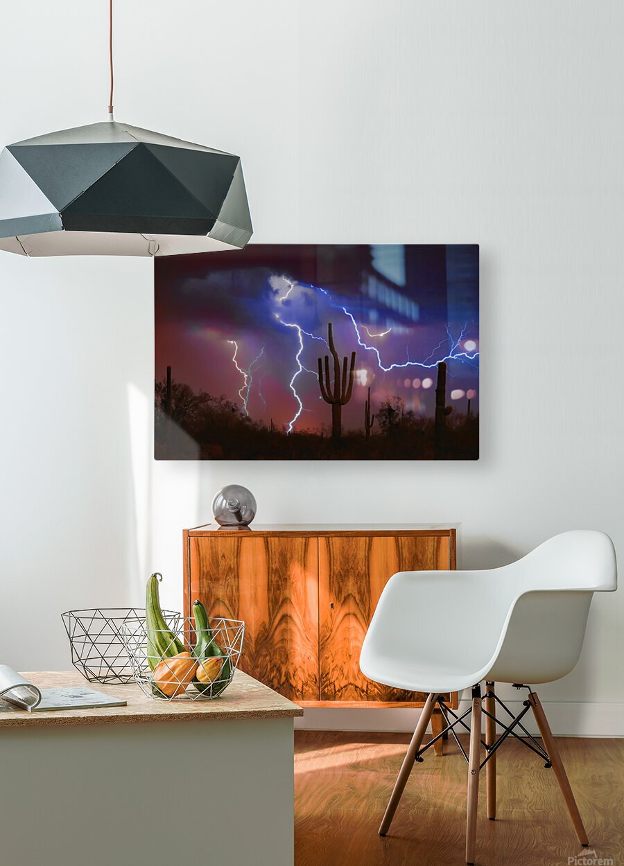 Saguaro Lightning Storm  HD Metal print with Floating Frame on Back