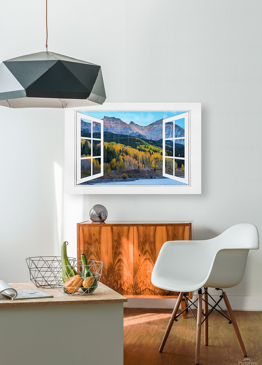 Trout Lake Autumn Rocky Mountain Open White Window  Impression métal HD avec cadre flottant sur le dos