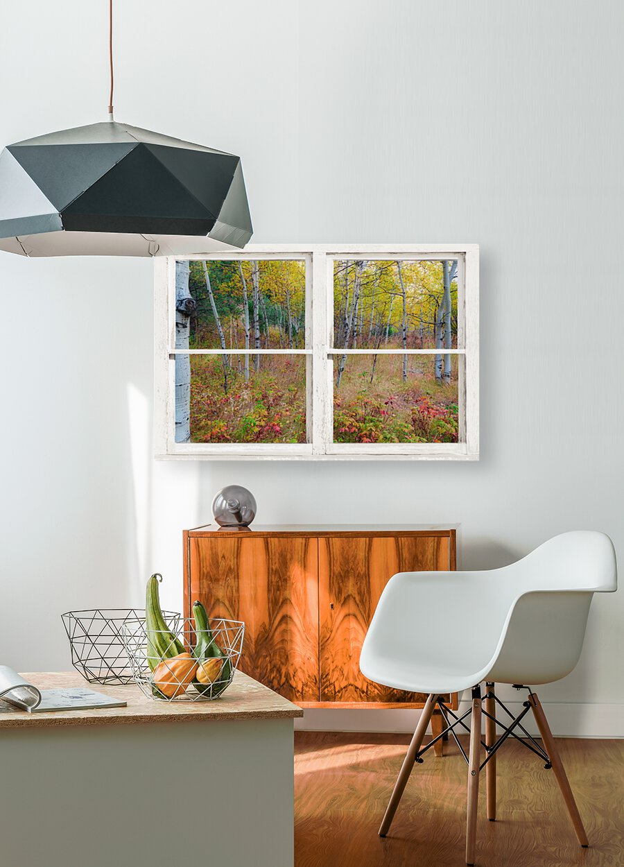 Autumn Forest Delight Rustic Window View  HD Metal print with Floating Frame on Back