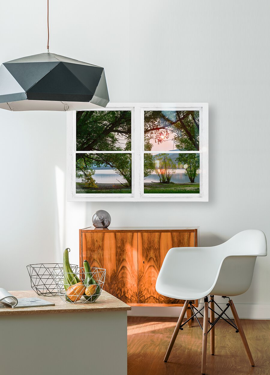Sun Glowing Lush Trees Lakeside Whitewash Window  HD Metal print with Floating Frame on Back