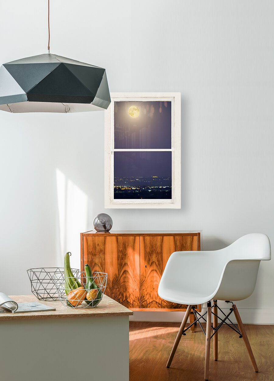 Super Moon City Lights White Rustic Window  HD Metal print with Floating Frame on Back