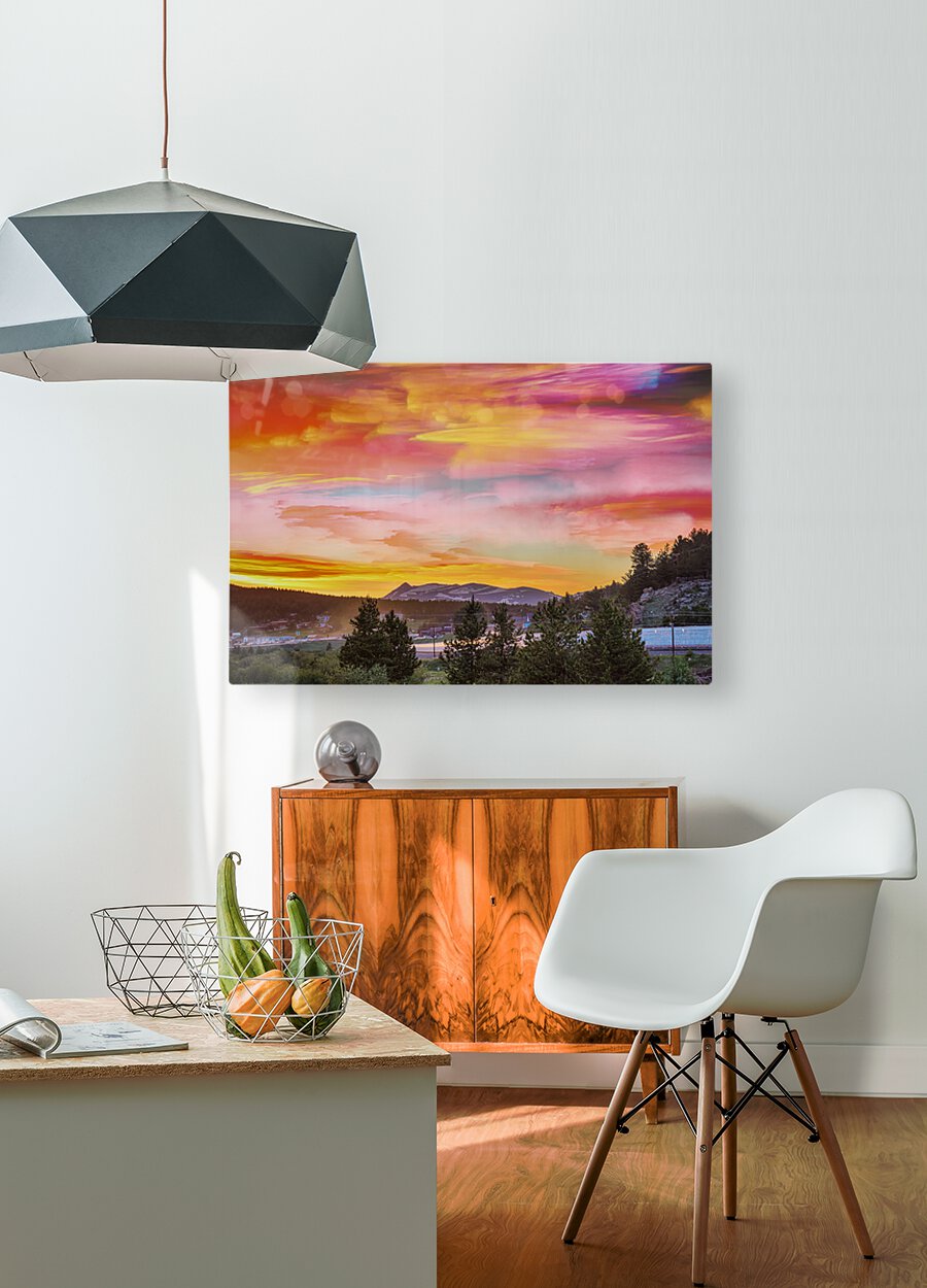 Small Mountain Town Sunset  HD Metal print with Floating Frame on Back