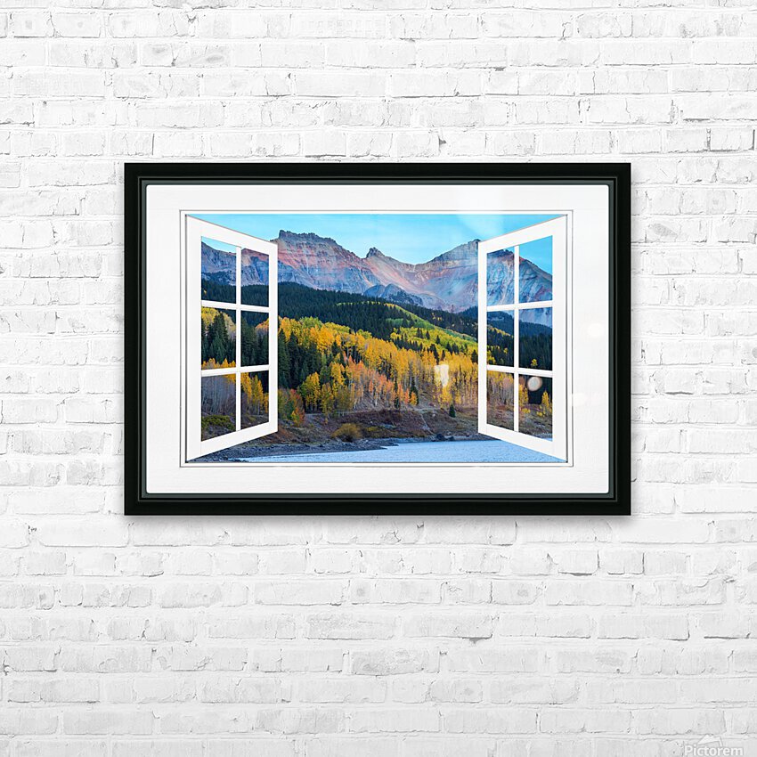 Trout Lake Autumn Rocky Mountain Open White Window HD sublimation métal imprimé avec décoration flotteur cadre (boîte)