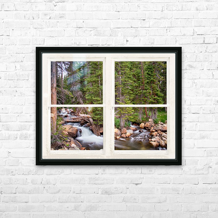 Rocky Mountains Forest Stream Rustic Window HD Sublimation Metal print with Decorating Float Frame (BOX)