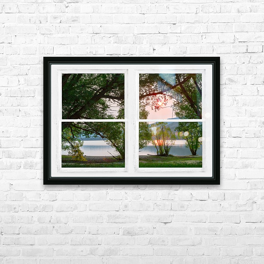 Sun Glowing Lush Trees Lakeside Whitewash Window HD Sublimation Metal print with Decorating Float Frame (BOX)