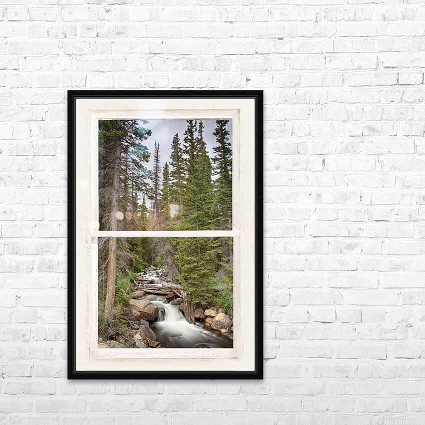 Rocky Mountain Stream White Rustic Window HD Sublimation Metal print with Decorating Float Frame (BOX)