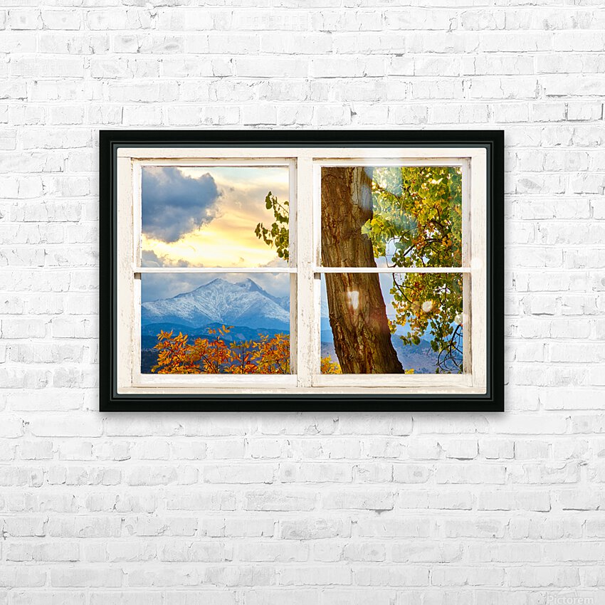 Rocky Mountain Autumn Season Rustic Window HD Sublimation Metal print with Decorating Float Frame (BOX)