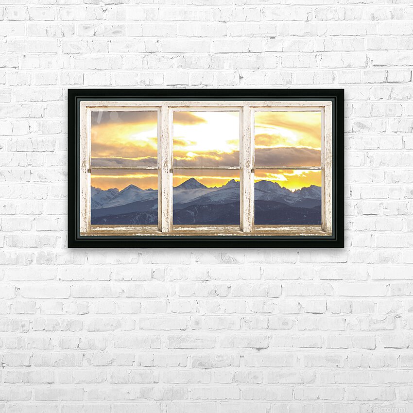 Rocky Mountain Sunset White Rustic Barn Window HD Sublimation Metal print with Decorating Float Frame (BOX)
