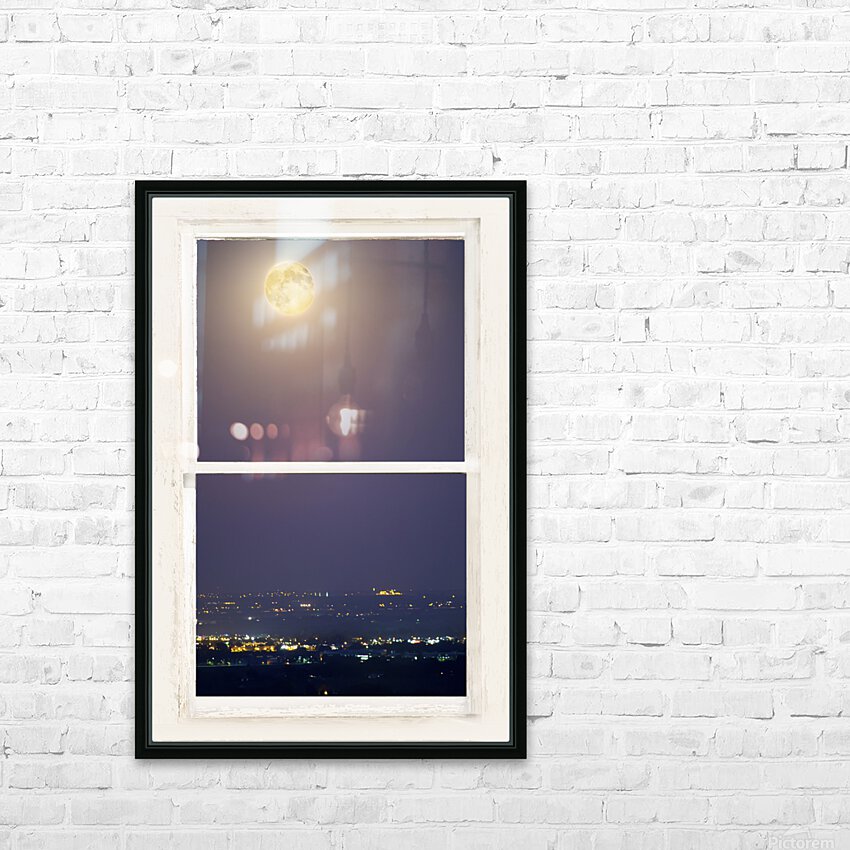 Super Moon City Lights White Rustic Window HD Sublimation Metal print with Decorating Float Frame (BOX)