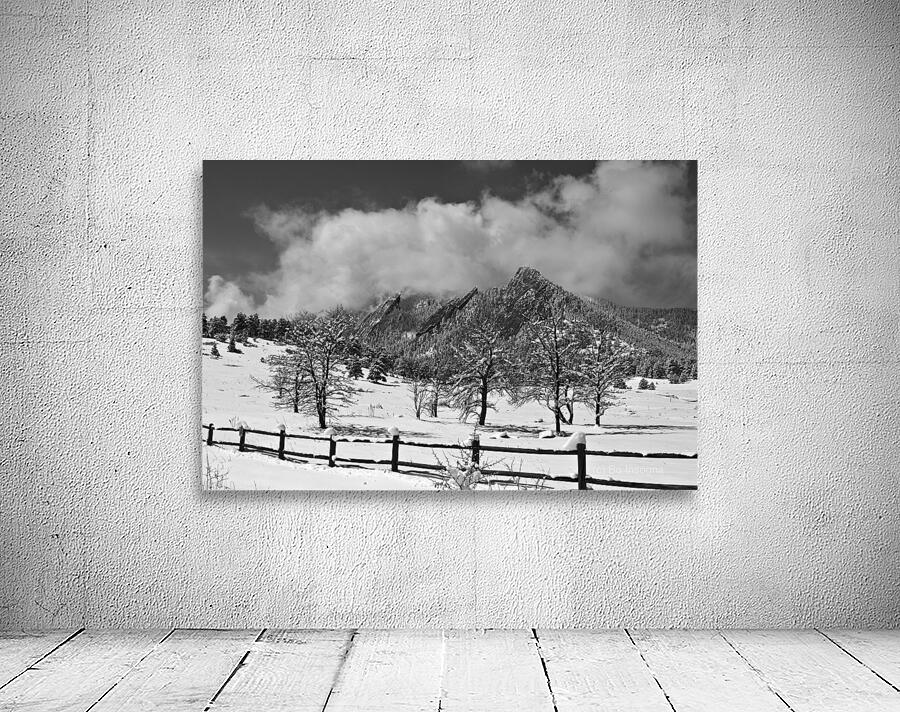 Boulder Colorado Snowy Flatirons Landscape Black and White Wall Preview