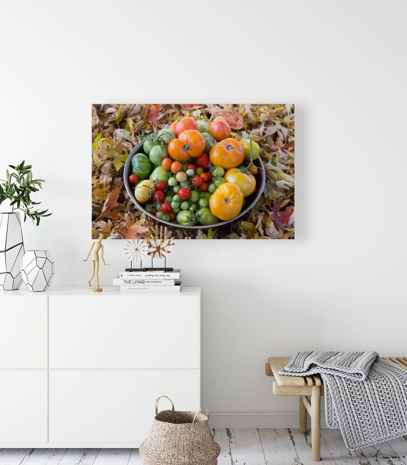 Colorful Heirloom Tomato Harvest in Autumn Leaves Reproduction