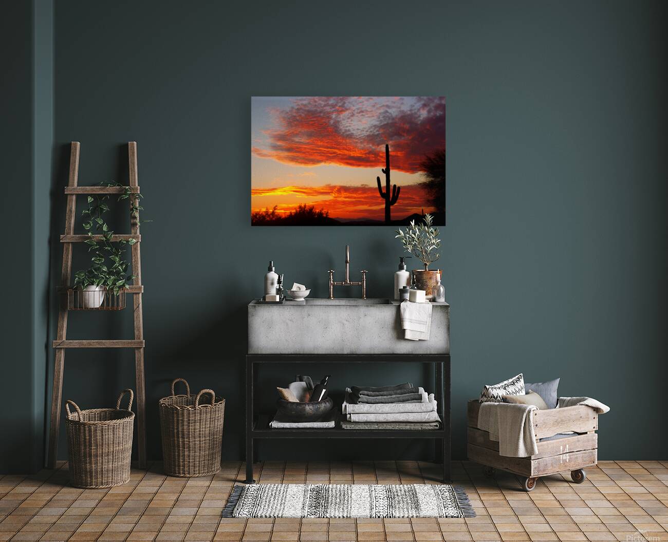  Fiery Arizona Sunset Behind a Silent Saguaro Reproduction