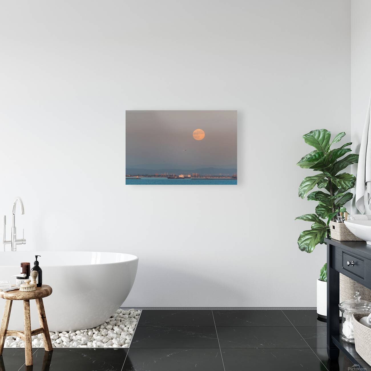 Full Moon Rising Over the Port of Los Angeles and LAX Arrival Reproduction