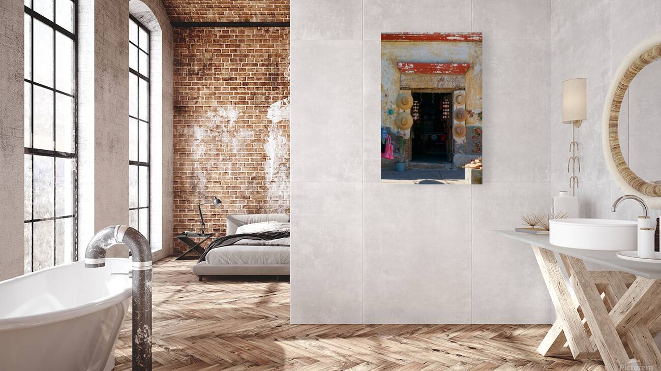 Rustic Mexican Shop Entrance With Traditional Hats Reproduction