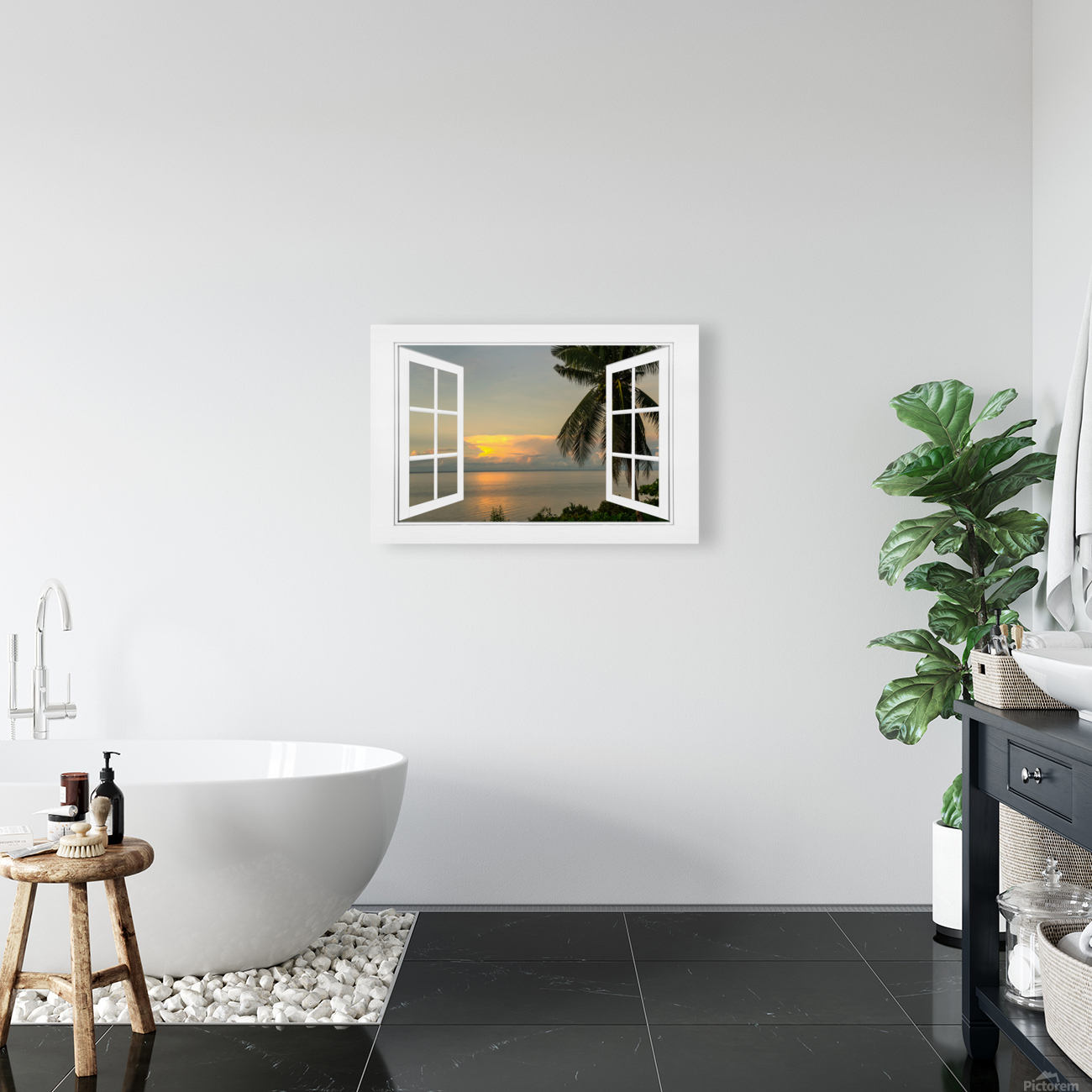Tropical Sunset White Open Window Frame View  Reproduction