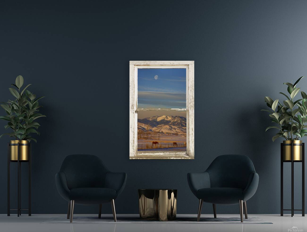 Horses Moon Mountains Snow White Peel Rustic Window Reproduction