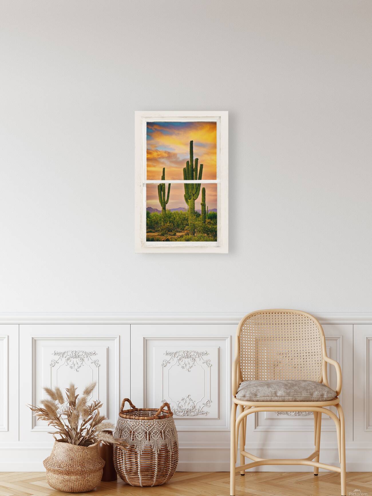 Southwest Desert Sunset View White Window Reproduction