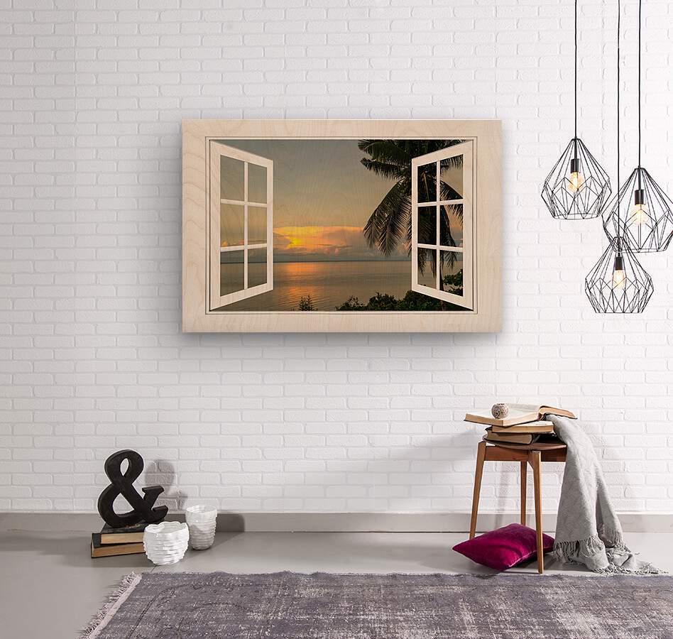 Tropical Sunset White Open Window Frame View  Wood print