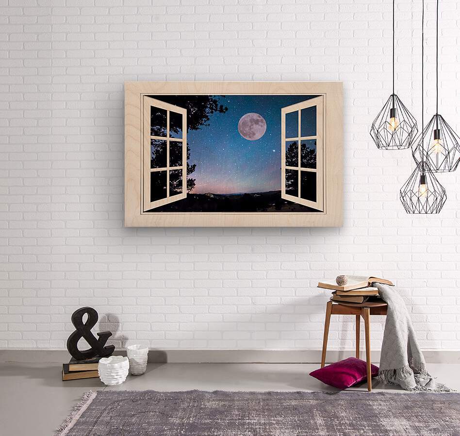Starry Full Moon White Open Window View  Impression sur bois