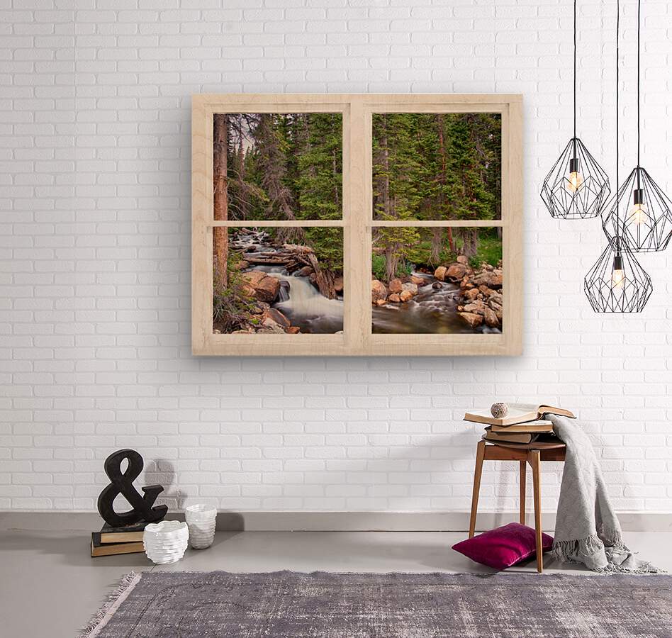 Rocky Mountains Forest Stream Rustic Window  Wood print