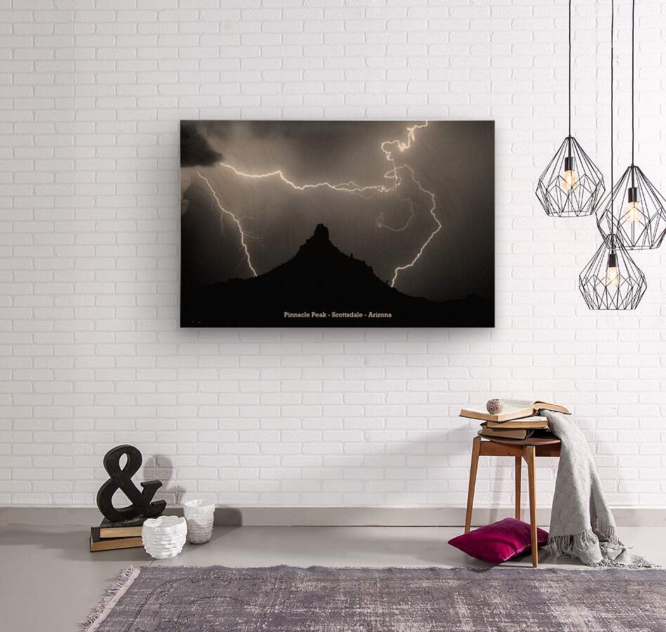 Pinnacle Peak Surrounded by Lightning Bolts Limited Edition  Wood print