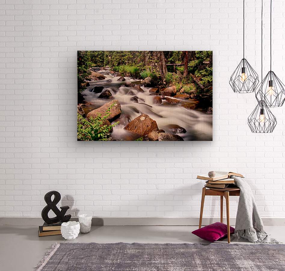 Cascading Rocky Mountain Forest Creek  Wood print