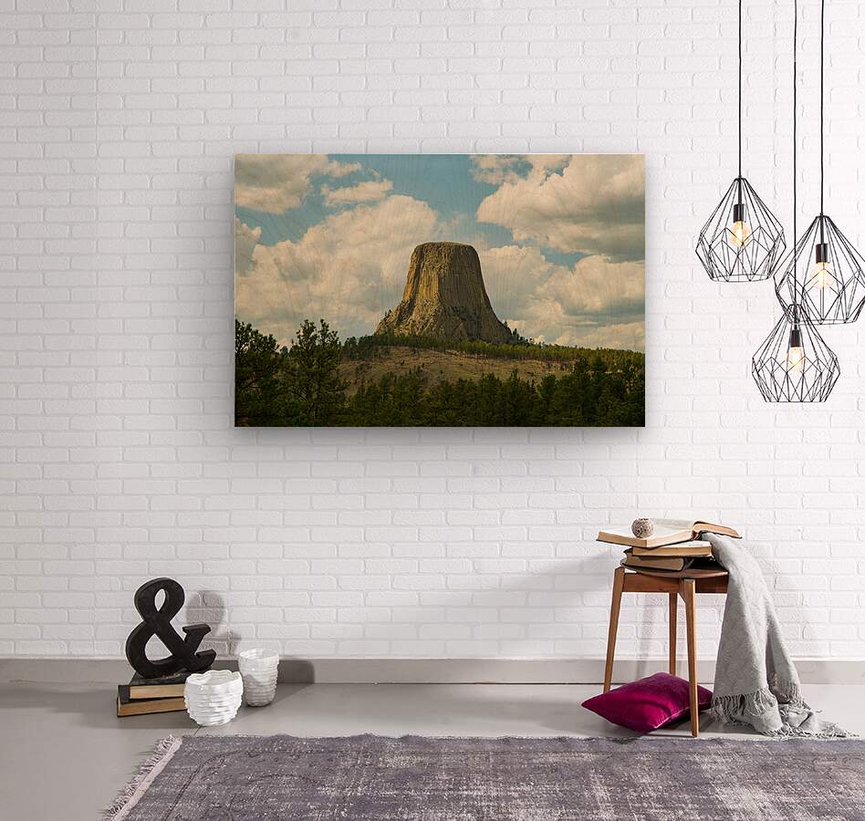 Majestic Devils Tower in Wyoming Amidst Pine Forest  Wood print