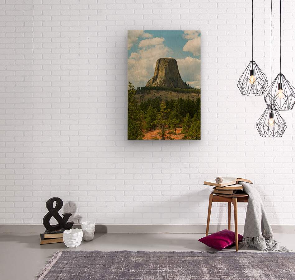 Majestic Devils Tower in Wyoming Surrounded by Pine Forest  Wood print