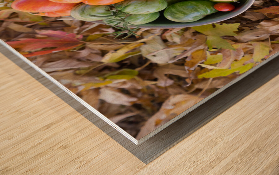 Colorful Heirloom Tomato Harvest in Autumn Leaves Wood print