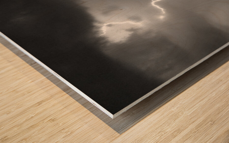 Black and White Lightning Over Arizona Desert Saguaro Wood print