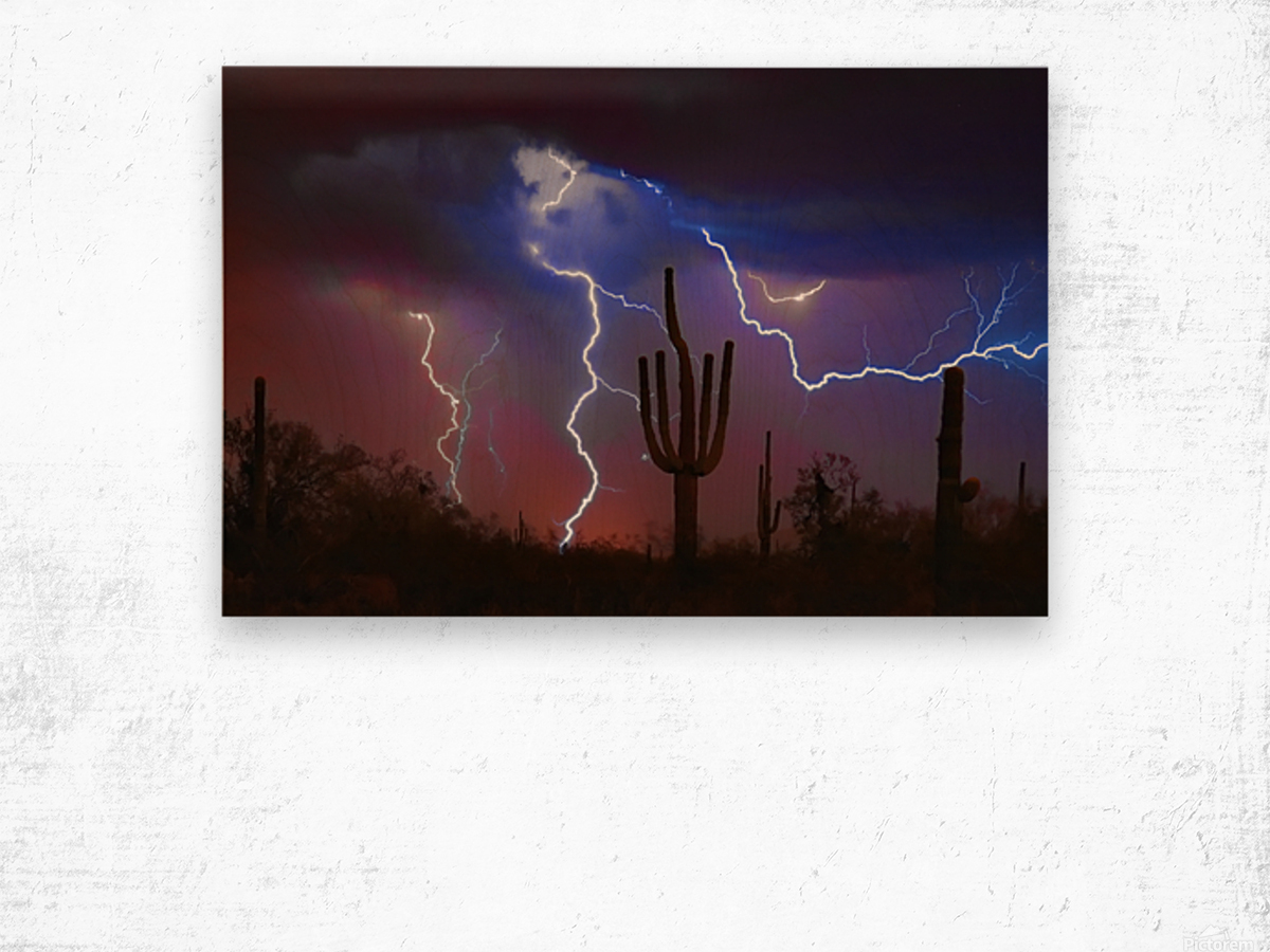 Saguaro Lightning Storm Wood print