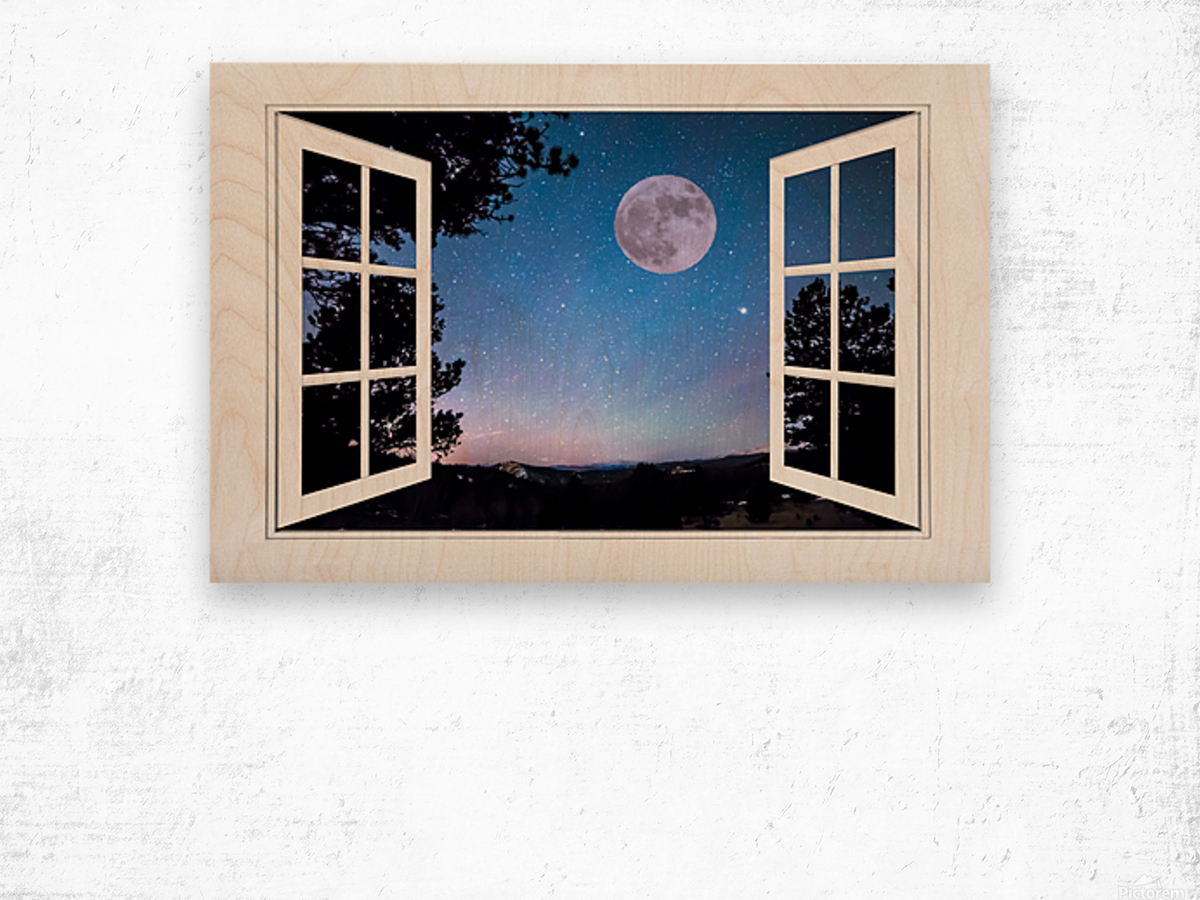 Starry Full Moon White Open Window View Impression sur bois