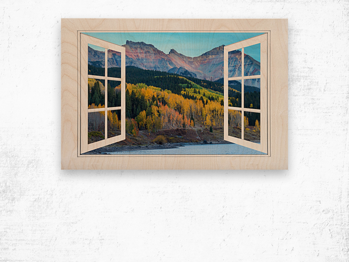Trout Lake Autumn Rocky Mountain Open White Window Impression sur bois