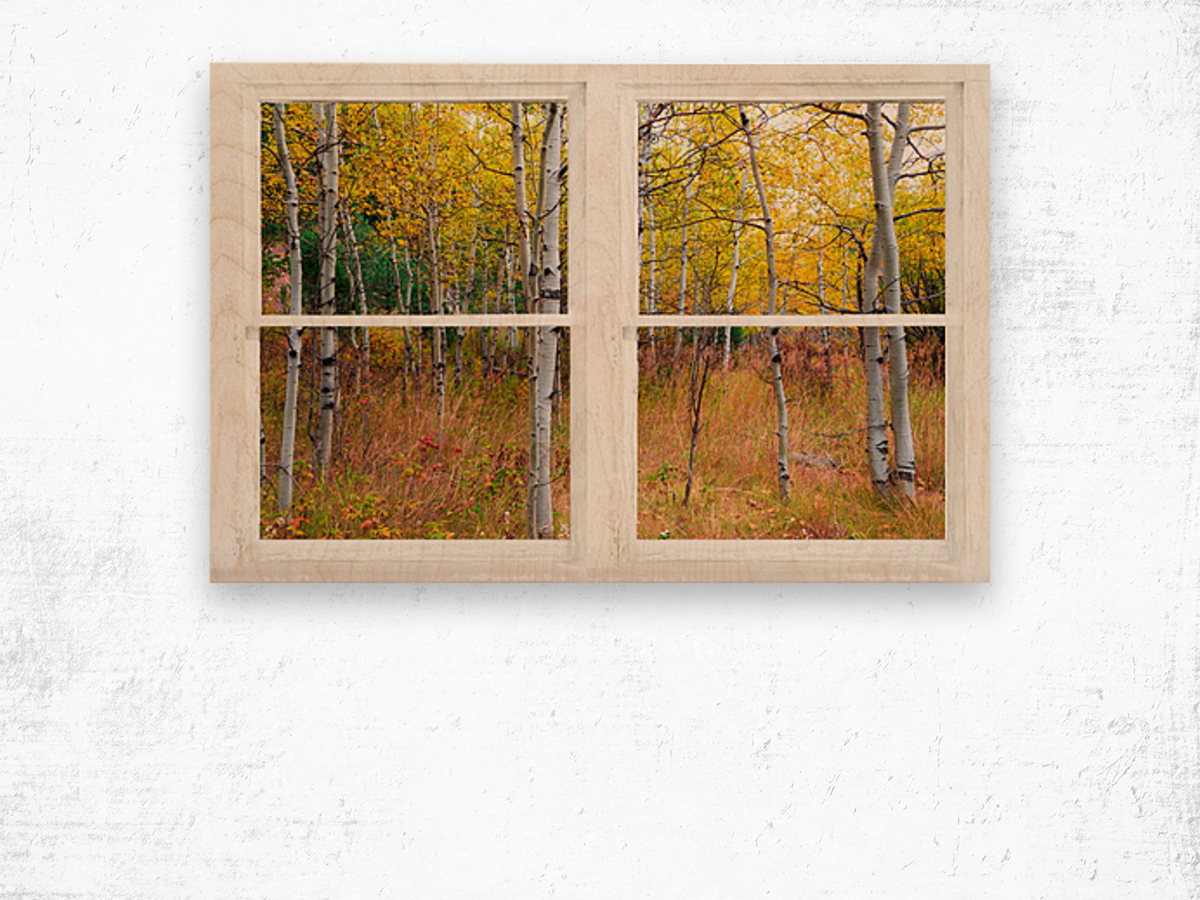 Happy Forest  Autumn Season Rustic Window View Wood print